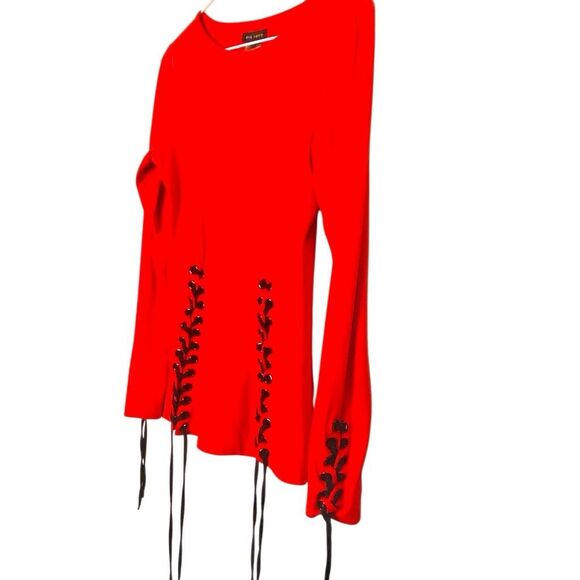Eva Varro Scoop Neck Long Sleeve Stretch Lace-up Detail Top Red Small - Picture 3 of 6